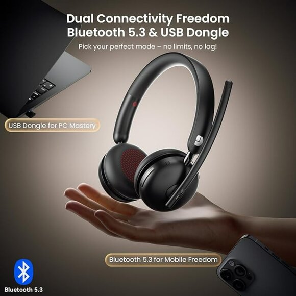 NEW Wireless Bluetooth 5.3 Headset with Mic & USB Dongle,AI Noise Cancelling - Picture 6 of 7
